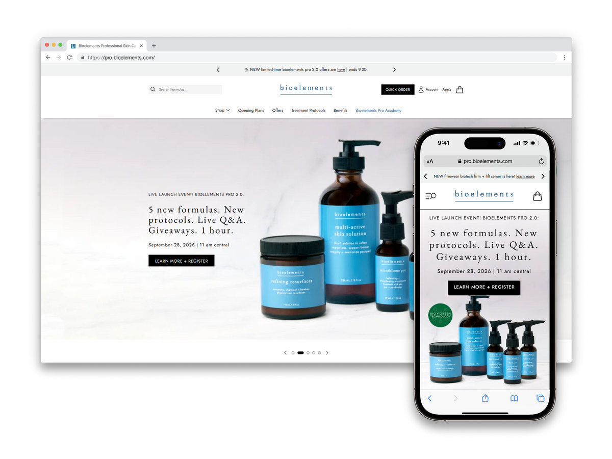 A desktop browser window and a smartphone mockup displaying the bioelements.com website, featuring skincare bottles and jars on a clean white background.