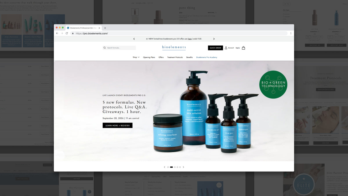 A screenshot of a skincare website showing a product lineup of four amber glass bottles and jars with blue labels, including a circular green badge that reads 'BIO + GREEN TECHNOLOGY'.