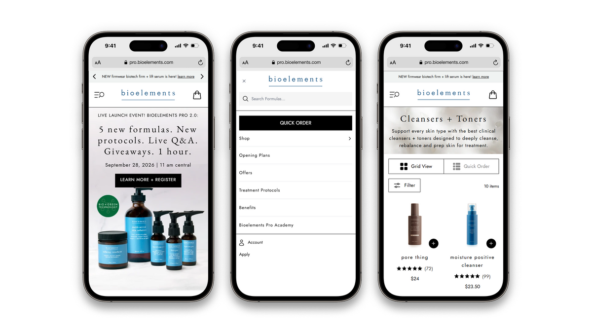 Three smartphone screens shown side by side on a light gray background, displaying the bioelements website and app interface with product pages, menu, and order summary.