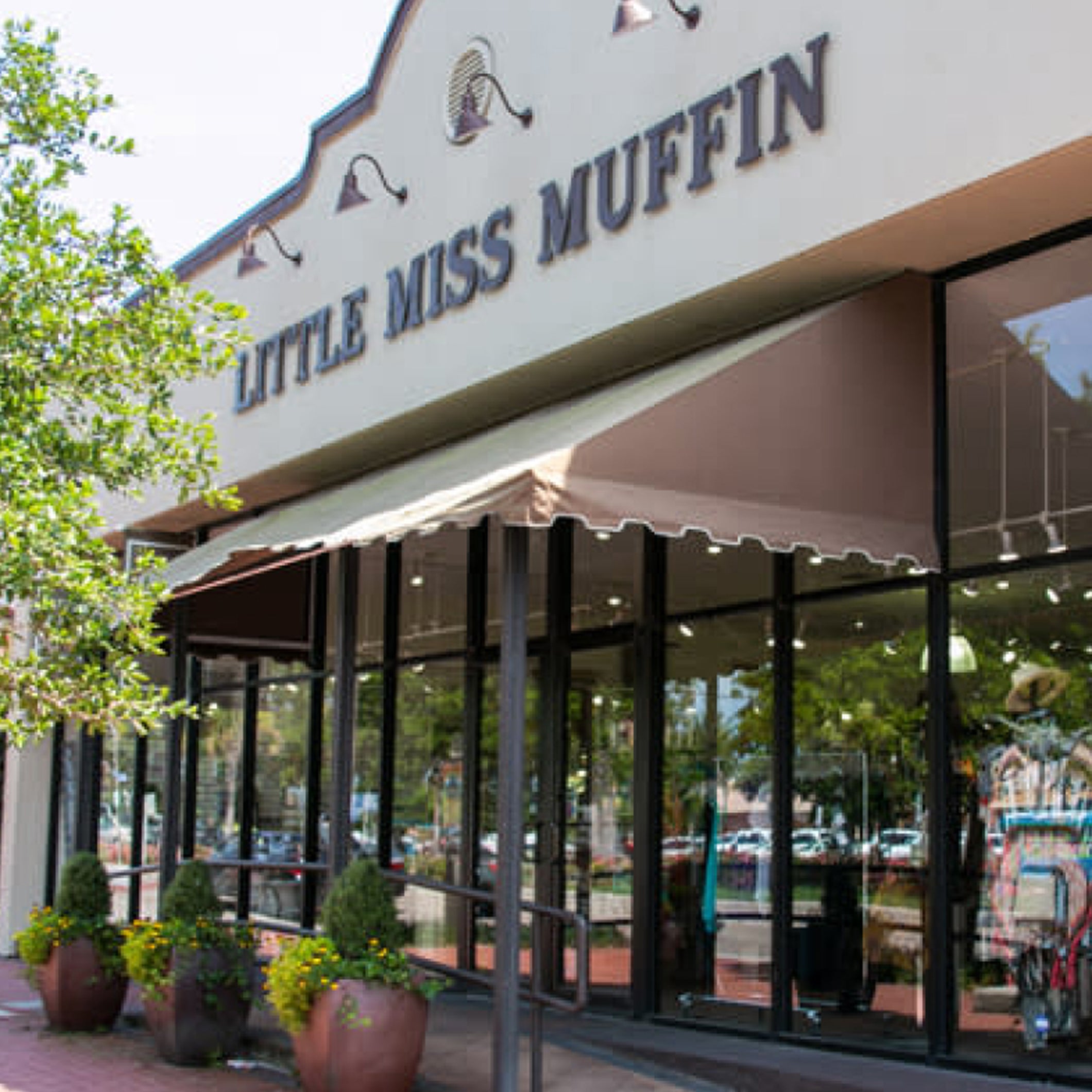 Storefront of 'Little Miss Muffin' with an awning and potted plants.