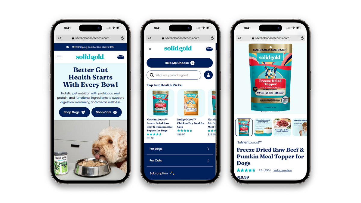 Three smartphone mockups displaying the solidgold mobile app interface, showing pet health and nutrition content including a cat bowl photo, search results, and a frozen dog food product card.
